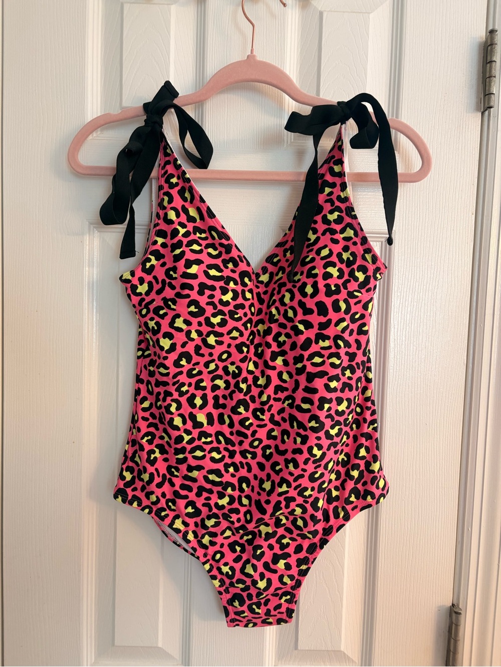 Posh Peanut Pink Leopard Print One-Piece Swimsuit with Black Ties